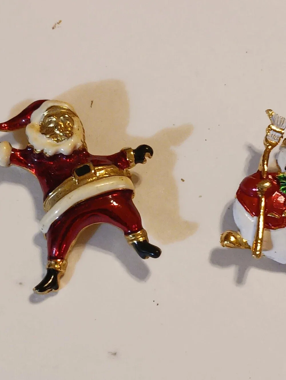 Vintage 1960s Sweater Pins, Enamel Santa And Snowman Christmas Brooches